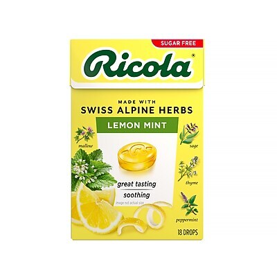 Ricola Sugar Free Herbal Throat Drop Lozenge, Lemon Mint, 18/Box (3000421)