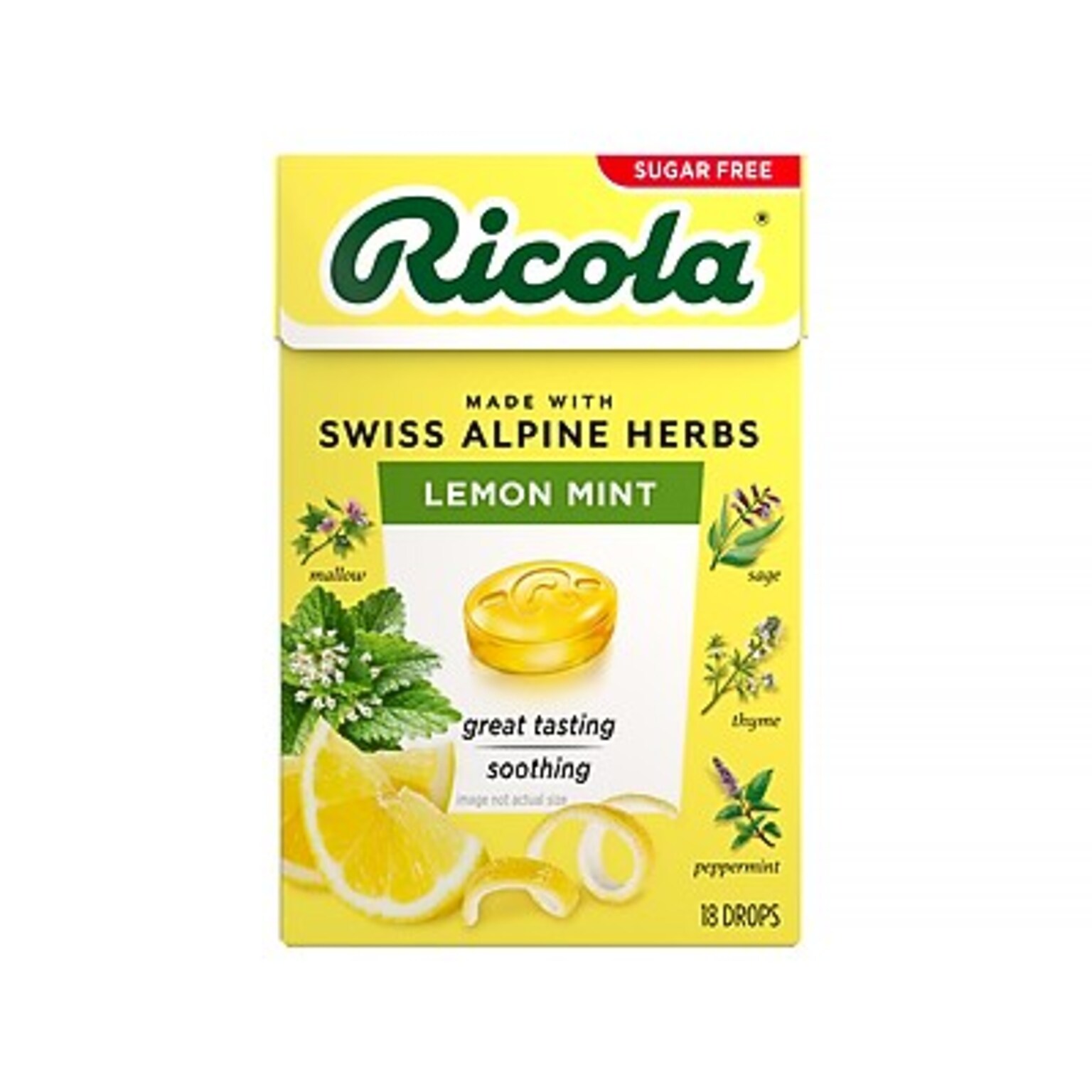 Ricola Sugar Free Herbal Throat Drop Lozenge, Lemon Mint, 18/Box (3000421)