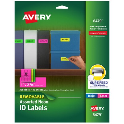 Avery Sure Feed Laser/Inkjet ID Labels, 1 x 2-5/8, Assorted Neon, 360 Labels/Pack (6479)