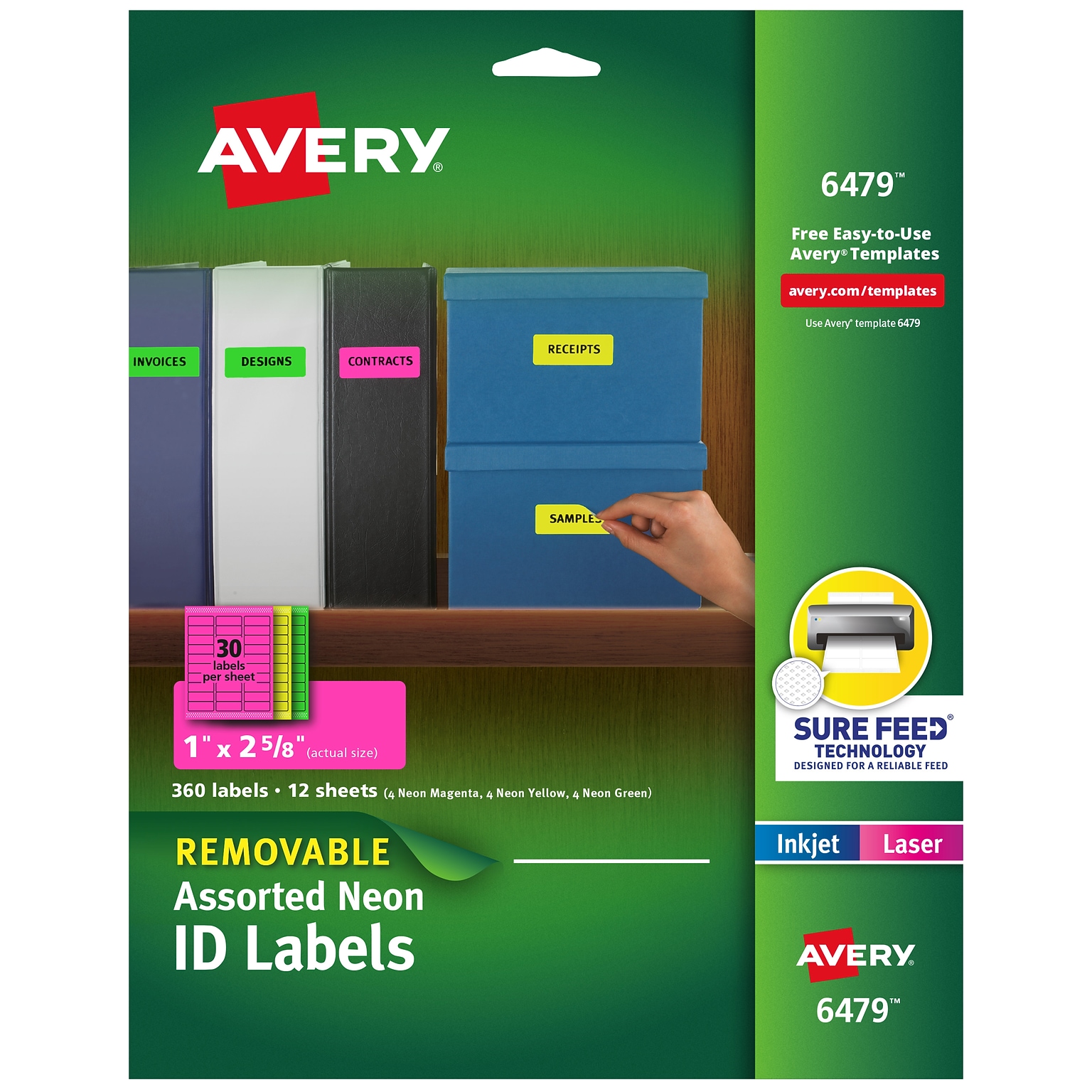 Avery Sure Feed Laser/Inkjet ID Labels, 1 x 2-5/8, Assorted Neon, 360 Labels/Pack (6479)