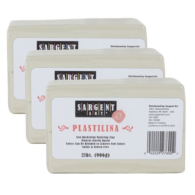 Sargent Art Plastilina Non-Hardening Modeling Clay, Cream, Grade PK-12, 2 lbs. Per Pack, 3 Packs (SAR227600-3)