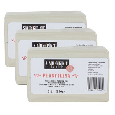 Sargent Art Plastilina Non-Hardening Modeling Clay, Cream, Grade PK-12, 2 lbs. Per Pack, 3 Packs (SA