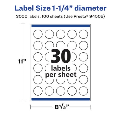 Avery Laser/Inkjet Circle Multipurpose Labels, 1.25"  Dia, Glossy White, 3000/Box (94505)