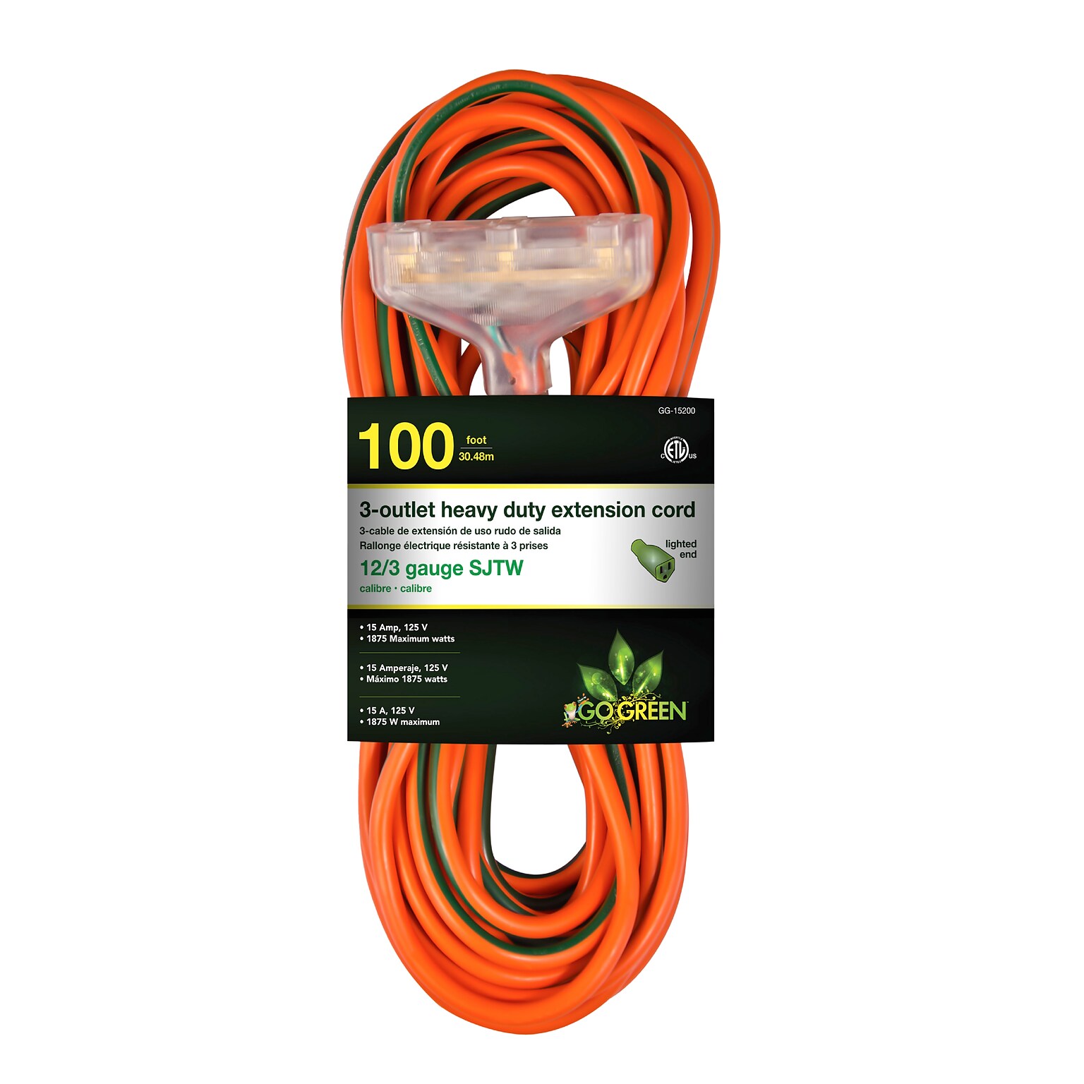 GoGreen Power 100 Indoor/Outdoor Extension Cord, 3-Outlet, 12 AWG, Orange (GG-15200)
