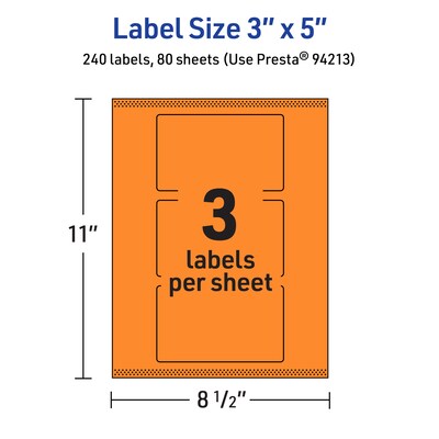 Avery Laser/Inkjet Multipurpose Rectangle Labels, 3" x 5", Bright Orange, 240/Box (94213)