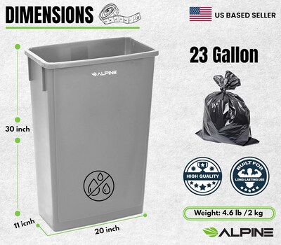 Alpine Industries Polypropylene Trash Can, 23 Gallon, Gray, 6/Pack (ALP477-GRY-6PK)