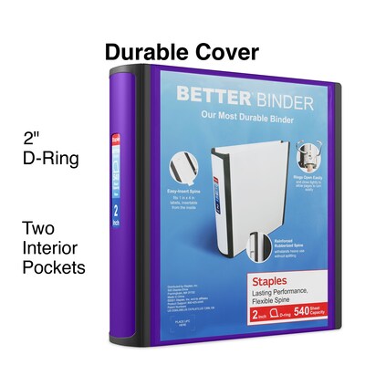 Staples® Better 2 3 Ring View Binder with D-Rings, Purple (20247)