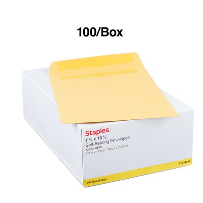Staples Self Seal Kraft Catalog Envelopes, 7.5"L x 10.5"H, Brown, 100/Box (534792/17105)