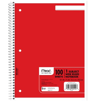 Mead Spiral 1-Subject Notebook, 8" x 10.5", Wide Ruled, 100 Sheets, Assorted Colors (MEA05514)