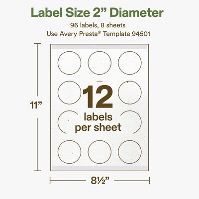 Avery Hemp Round Laser/Inkjet Multipurpose Labels, 2" Dia, Off-White (96/Pack)