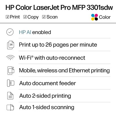 HP Color LaserJet Pro MFP 3301sdw Wireless All-in-One Color Laser Printer, Scanner, Copier, Best for Office (499Q3F)