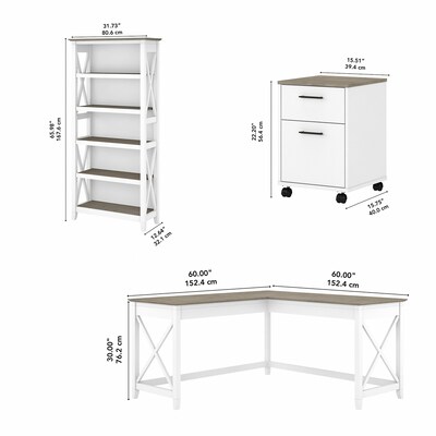 Bush Furniture Key West 60" L-Shaped Desk w 2 Drawer Mobile File Cabinet & 5 Shelf Bookcase, Shiplap Gray/Pure White (KWS016G2W)