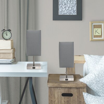 Simple Designs Petite Stick Lamp with USB Charging Port and Fabric Shade, Gray, 2/Pack (LC2003-GRY-2PK)