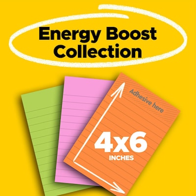 Post-it Super Sticky Notes, 4" x 6", Energy Boost Collection, Lined, 90 Sheet/Pad, 3 Pads/Pack (6603SSUC)