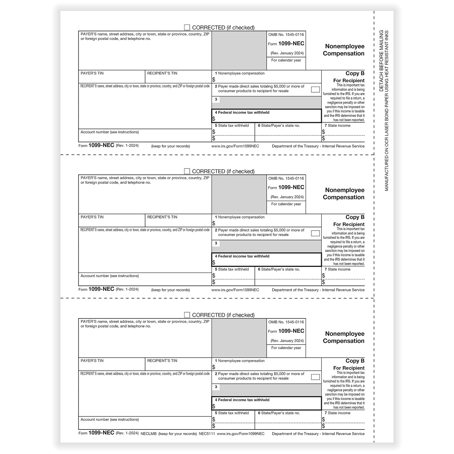 ComplyRight 2024 1099-NEC Tax Form, 1-Part, 3-Up, Recipient Copy B, 50/Pack (NEC511150)