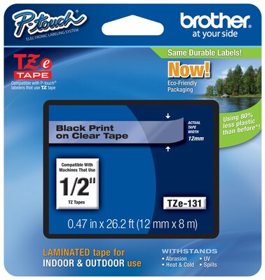 Brother P-touch TZe-131 Laminated Label Maker Tape, 1/2 x 26-2/10, Black on Clear (TZe-131)