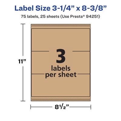 Avery Laser/Inkjet Rectangle Multipurpose Labels, 3-1/4" x 8-3/8", Kraft Brown, 75 Labels/Pack ( 94251)