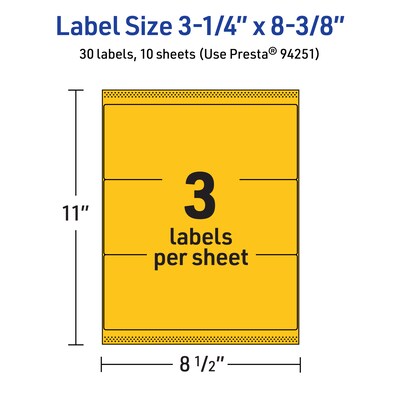 Avery Laser/Inkjet Rectangle Multipurpose Labels, 3-1/4" x 8-3/8", Bright Yellow, 30/Pack (94251)