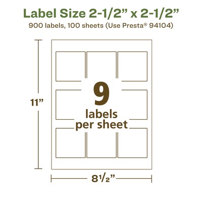 Avery EcoFriendly Laser/Inkjet Square Multipurpose Labels, 2-1/2" x 2-1/2", White, 900/Box (94104)