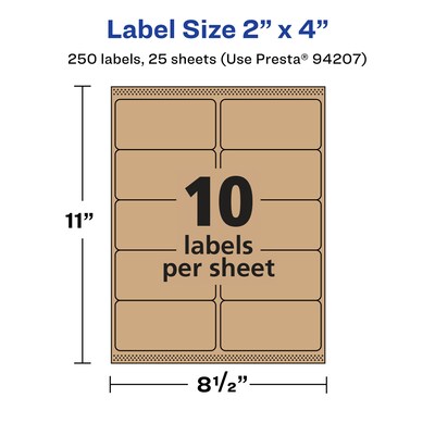 Avery Laser/Inkjet Rectangle Multipurpose Labels, 2" x 4", Kraft Brown, 250 Labels/Pack (94207)