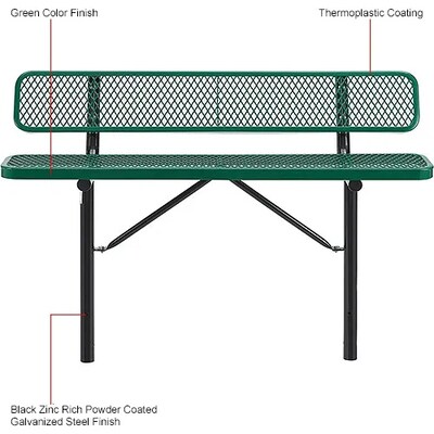 Global Industrial 6' Outdoor Steel Bench w/ Backrest, Expanded Metal, In Ground Mount, Green (277154IGN)