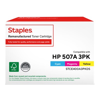 Staples Remanufactured Tri-Color Standard Yield Toner Cartridge Replacement for HP 507A (TRCE400A3PKDS/STCE400A3PKDS), 3/Pack