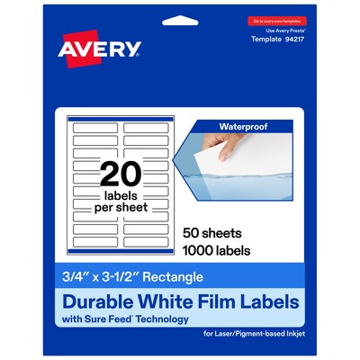Avery Laser/Inkjet Rectangle Waterproof Multipurpose Labels, 3.5  x 0.75, White, 1000/Box (94217)