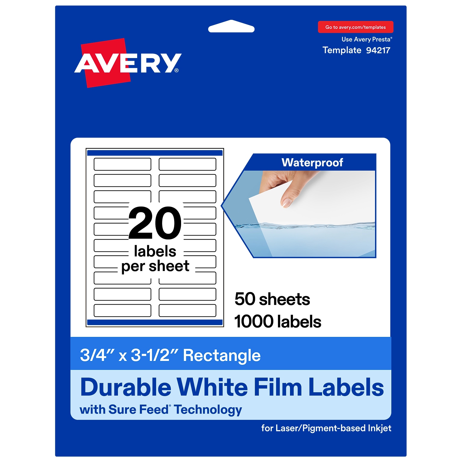 Avery Laser/Inkjet Rectangle Waterproof Multipurpose Labels, 3.5  x 0.75, White, 1000/Box (94217)