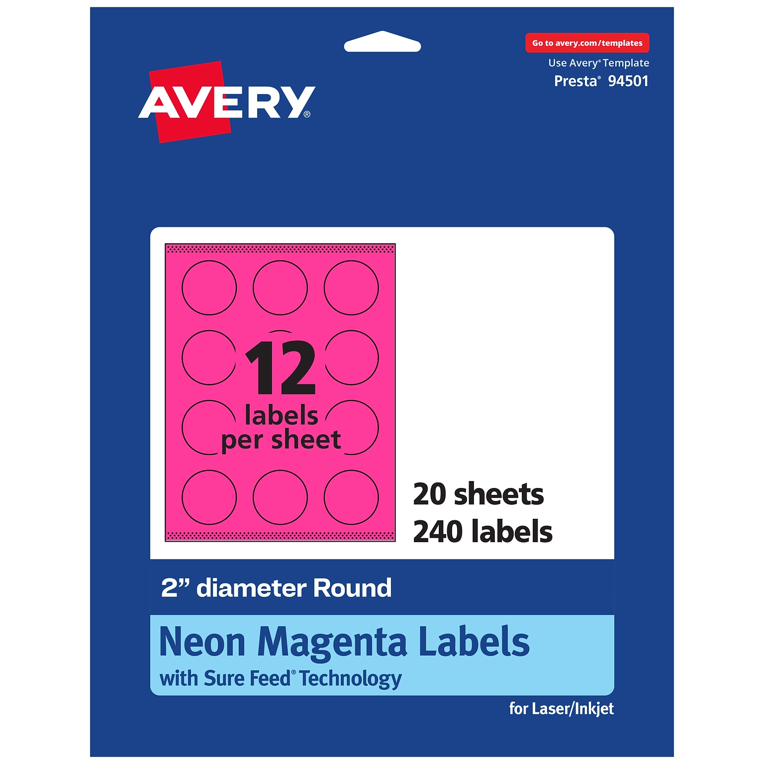 Avery Laser/Inkjet Round Multipurpose Labels, 2 Dia., Neon Magenta, 240/Pack (94501)