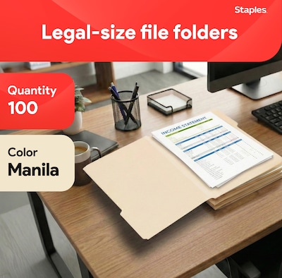 Staples 30% Recycled File Folders, 1/3-Cut Tab, Legal, Manila, 100/Box (ST56680-CC)