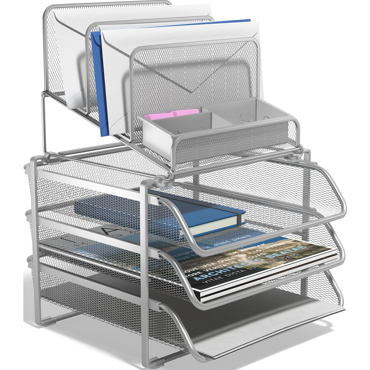 TRU RED™ All-In-One 10-Compartment Wire Mesh Compartment Storage, Silver (TR57531)