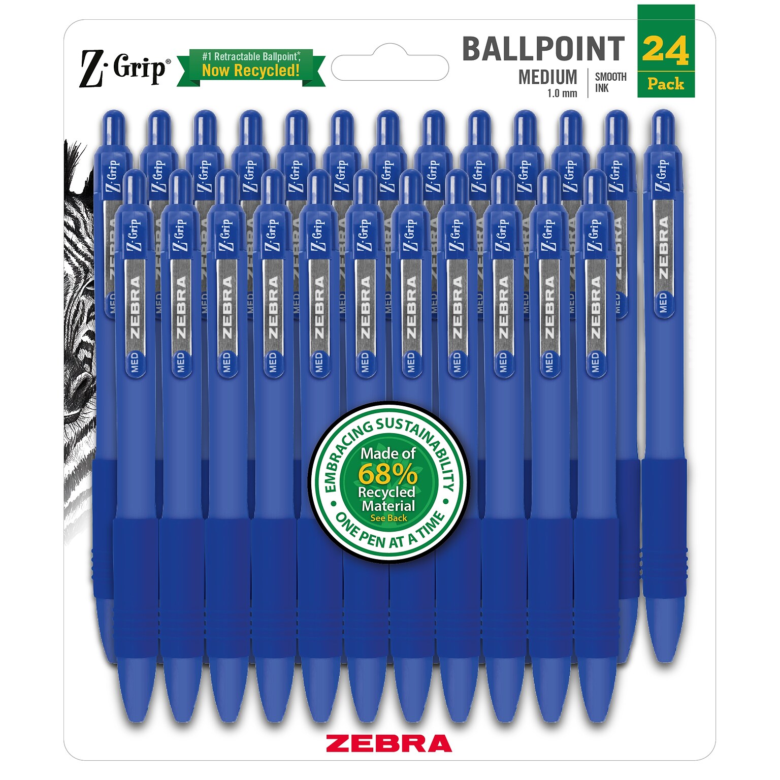 Zebra Z-Grip Retractable Ballpoint Pen, Medium Point, 1.0mm, Blue Ink, 24/Pack (20324)