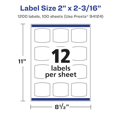 Avery Laser/Inkjet Square Waterproof Multipurpose Labels, 2.1875"  x 2", White, 1200/Box (94124)