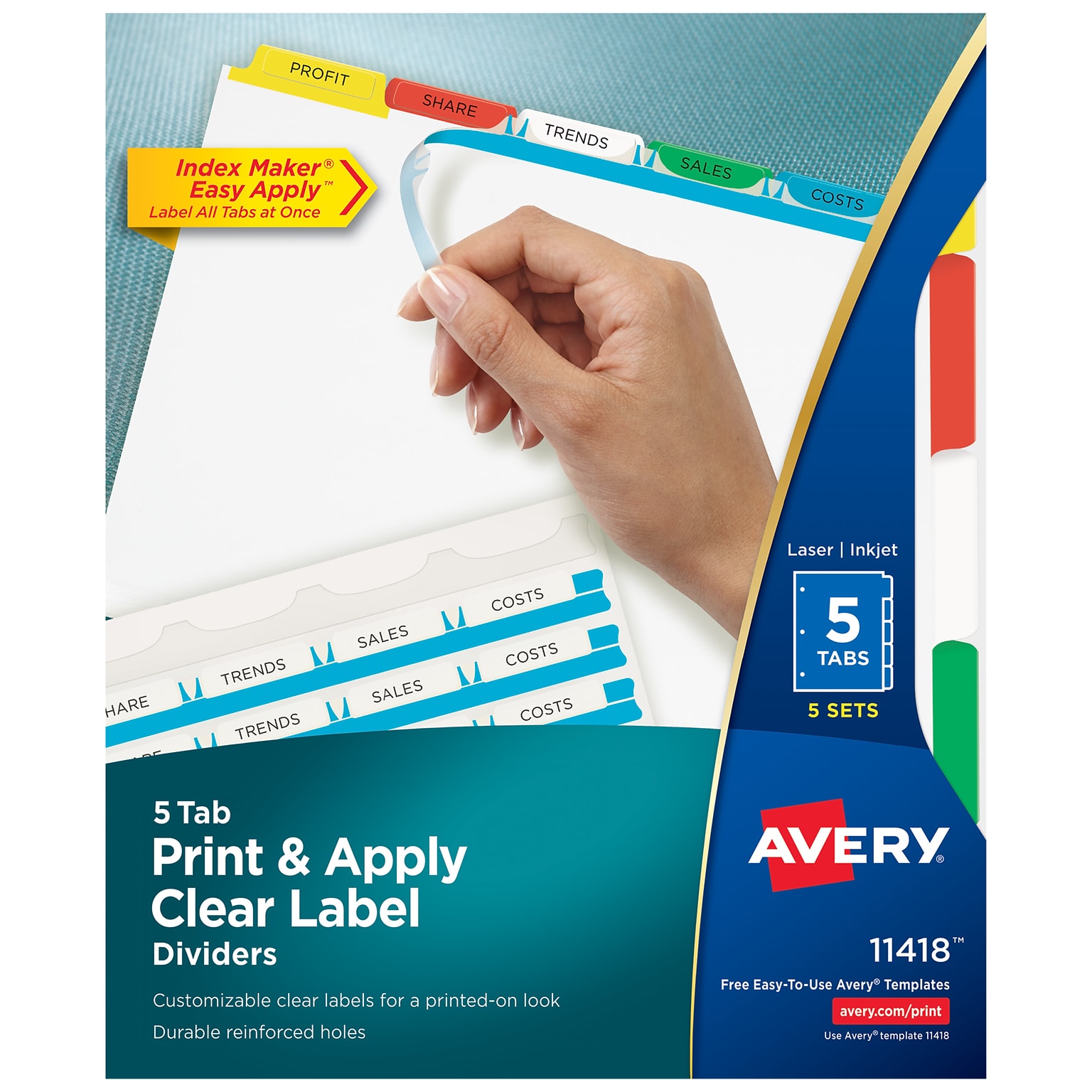 Avery Index Maker Paper Dividers with Print & Apply Label Sheets, 5 Tabs, Multicolor, 5 Sets/Pack (11418)