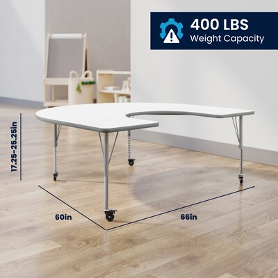Flash Furniture Wren Horseshoe Activity Table, 66" x 60", Height Adjustable, White Top/Silver Frame (XUA6066HRSEWTPC)