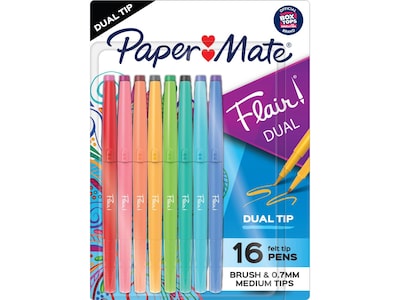 Paper Mate Flair! DUAL Calligraphy Pens, Brush/Medium Tips, Assorted Colors, 16/Pack (2181607)