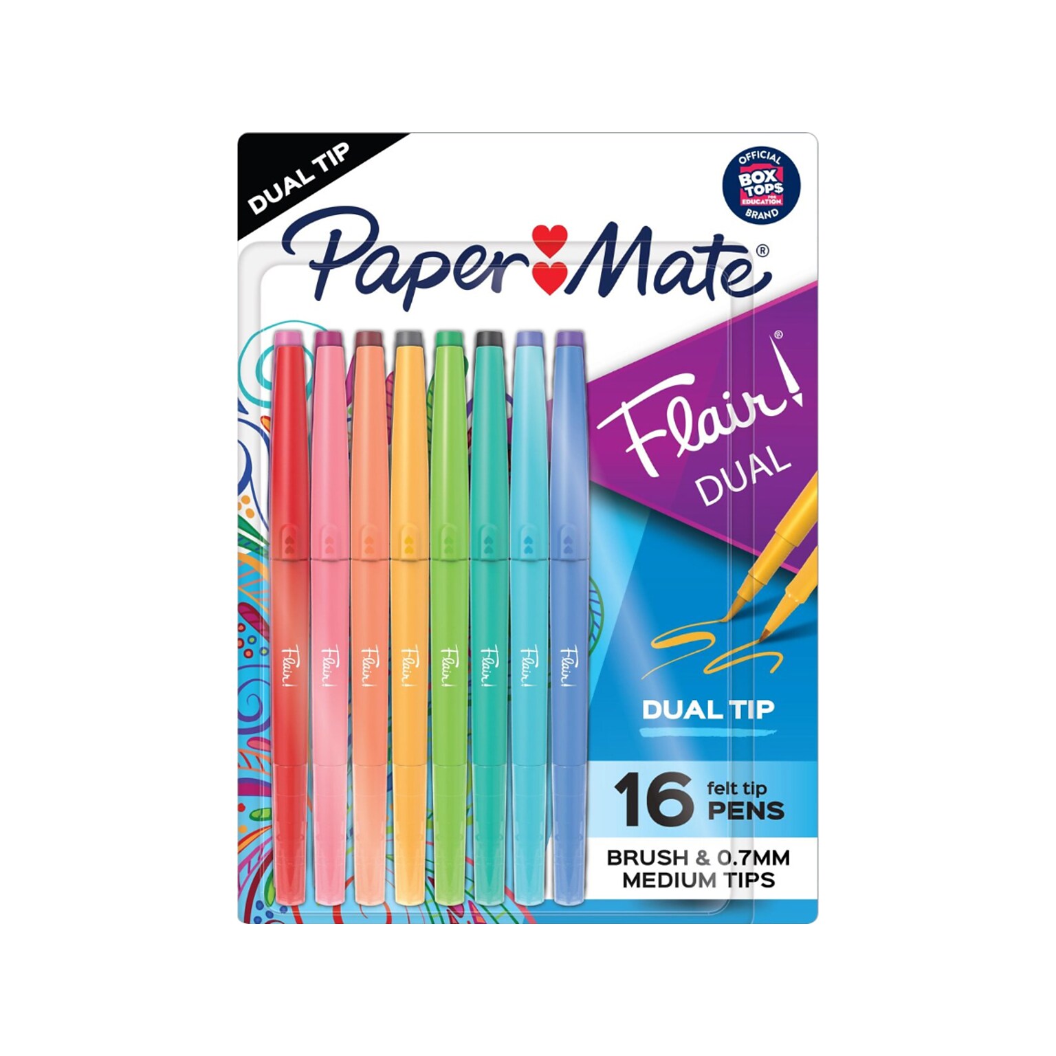 Paper Mate Flair! DUAL Calligraphy Pens, Brush/Medium Tips, Assorted Colors, 16/Pack (2181607)