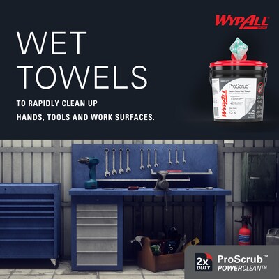 WypAll PowerClean ProScrub Heavy Duty Wet Wipers, Green, 75 Wipers/Bucket (91371)