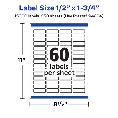 Avery Laser/Inkjet Multipurpose Rectangle Labels, 0.5" x 1.75", White, 15000 Labels/Box (94204)