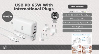 LAX USB PD 65W Wall Charger with 2 USB-C, 1 USB-A and Travel Pouch, White (PD65INT)