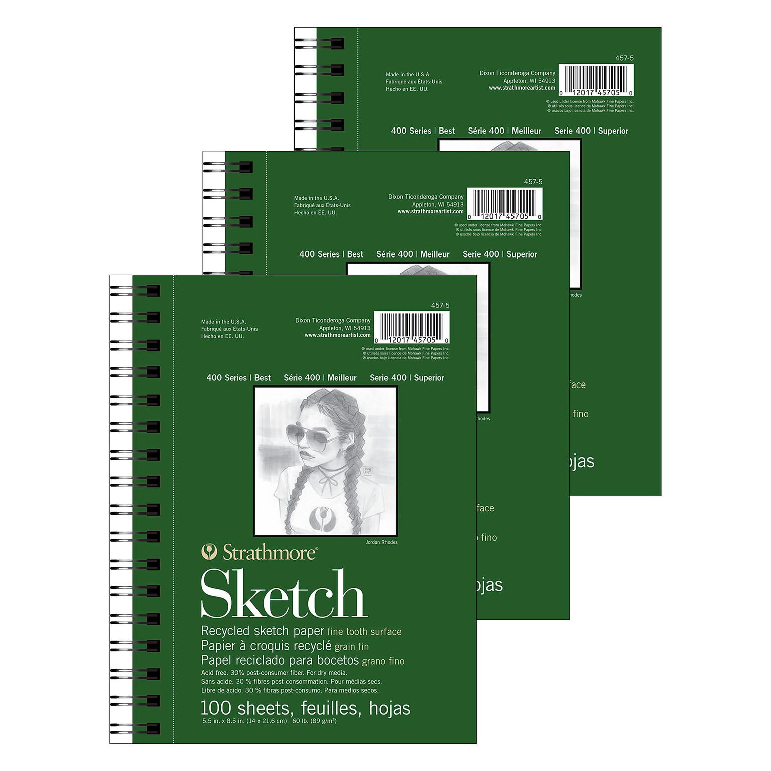 Strathmore 400 Series 5.5 x 8.5 Wire Bound Sketch Pad, 100 Sheets/Pad, 3/Bundle (STTP457506-3)