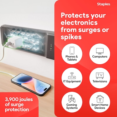 Staples TECH 12-Outlet 2-USB Port Surge Protector, 8', 3900 Joules, Black (ST62774)