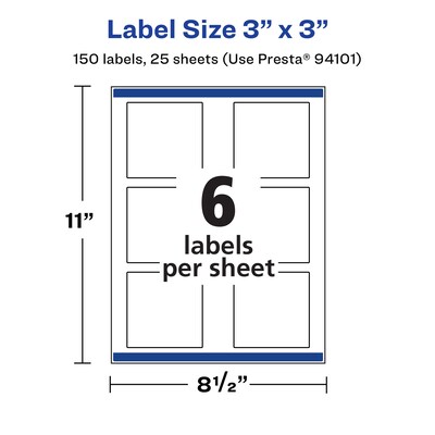 Avery Laser/Inkjet Square Multipurpose Labels, 3" x 3", Matte White, 150 Labels/Pack (94101)