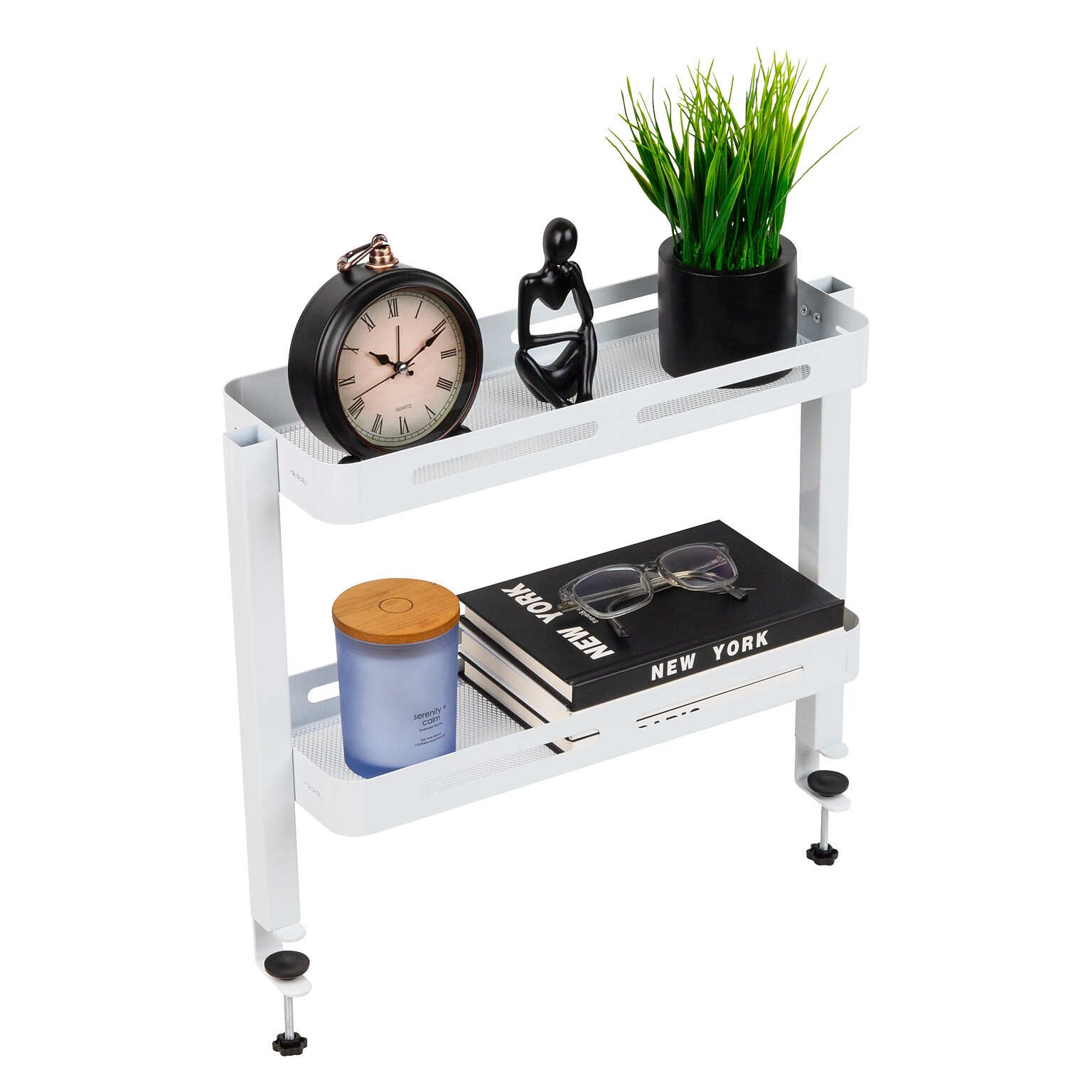 Mind Reader Clamp-On 2-Compartment Metal Desk Shelf, White (DESX2T-WHT)