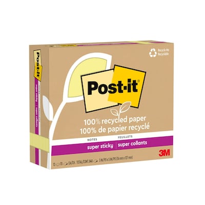 Post-it Recycled Super Sticky Notes, 3 x 5, Canary Collection, 70 Sheets/Pad, 12 Pads/Pack (655R-1