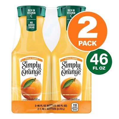 Simply 100% Orange Juice, No Sugar Added, No Pulp, 46 oz., 2/Pack (10014)