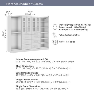 Bestar Florence Walk-In Closet Organizer System, 16 Shelves, 8 Drawers, 100"W x 25"D, White (127622-000017)