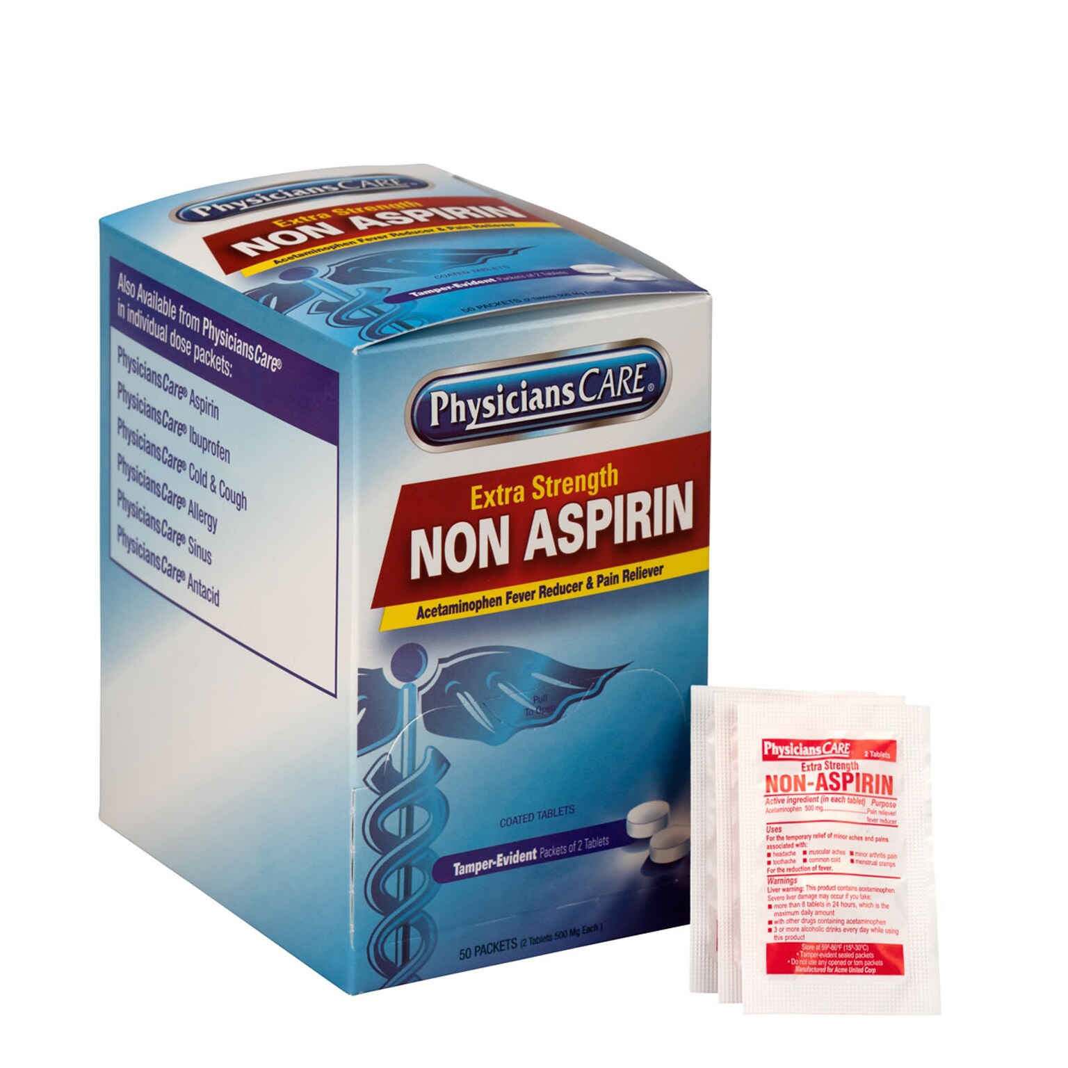 Physicians Care Non Aspirin 500mg Acetaminophen Pain Reliever, 2/Packet, 50 Packets/Box (90016)