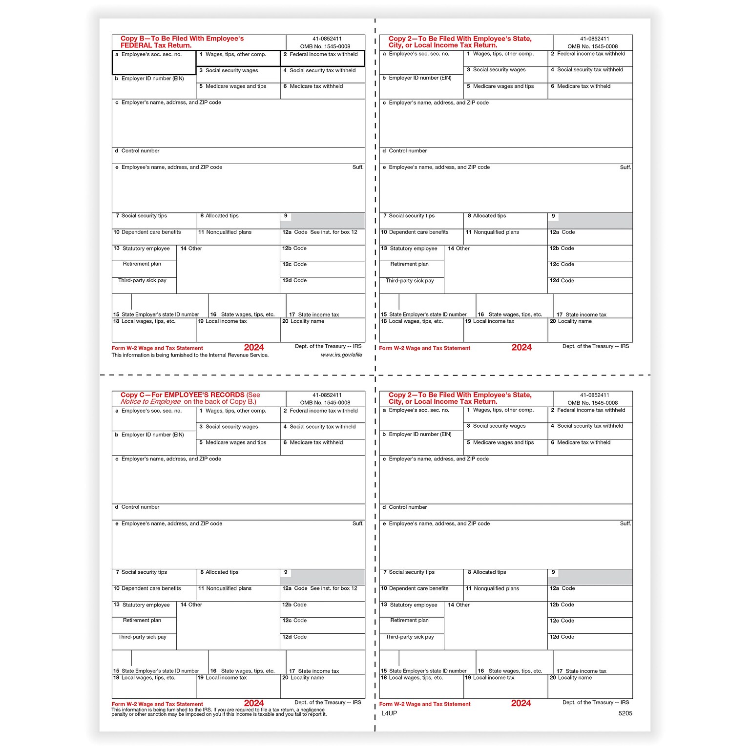 ComplyRight 2024 W-2 Tax Form, 1-Part, 4-Up, Employee Copy B, C, and 2, 50/Pack (520550)