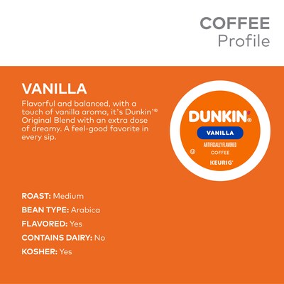 Dunkin' Vanilla Keurig Single Serve K-Cup Coffee Pods, Light Roast, 88/Pods (400847)